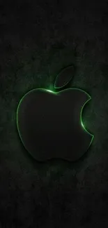 Black Apple logo with green neon glow on dark background.