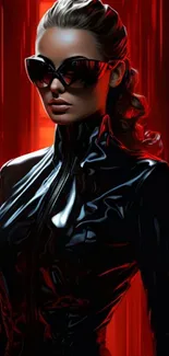 Mysterious figure in sleek black attire with a bold red background.