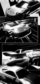 Black and white illustration of sleek cars in motion.