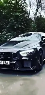 Sleek black car driving through a forest setting.