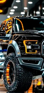 Sleek black car with glowing lights in a showroom.