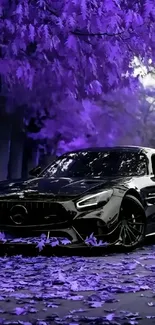 A sleek black car under vivid purple trees.