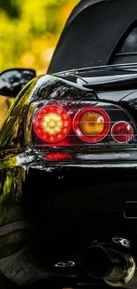 Sleek black sports car with red taillights in vibrant outdoor setting.