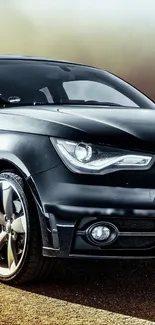 Sleek black car against a dramatic backdrop on a road.