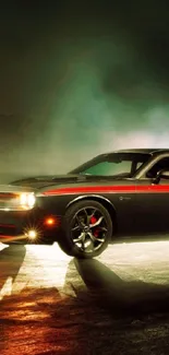 Sleek black muscle car in dramatic lighting scene.