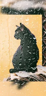 Sleek black cat with raindrop effect on yellow background.