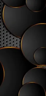 Black circular design with orange accents on a dotted backdrop.