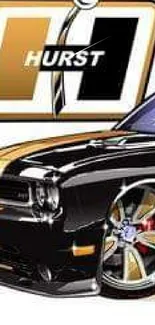 Illustrated black convertible car with gold stripes on a wallpaper.