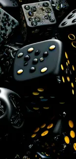 Sleek black dice with yellow dots on a dark background.