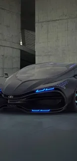 Sleek black futuristic car with blue accents in a dim garage.