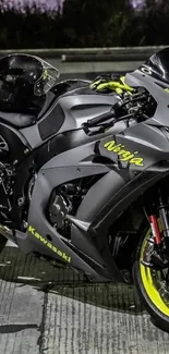 Sleek black motorcycle with neon accents on a stylish background.