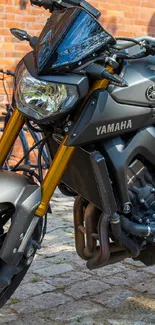 Sleek black motorcycle parked on urban pavement with bikes in the background.