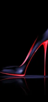 Sleek black and red high heel shoe on black background wallpaper.