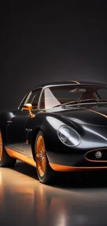 Sleek black sports car with orange accents in dramatic lighting.