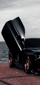 Black sports car with open door by the sea.