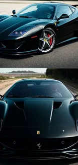 Sleek black sports car on road, front and side view.