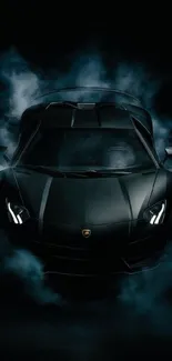 Sleek black sports car in a dark, atmospheric setting.