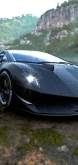 Black sports car on a scenic mountain road at dusk.