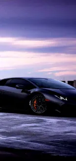 Sleek black sports car under purple sky.