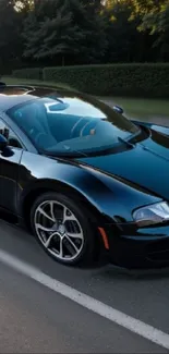 Sleek black sports car parked on a road.