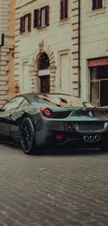 Black sports car on a European city street.