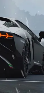 Sleek black sports car with orange lights on a rainy day.