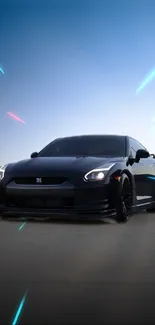 Sleek black sports car with neon lights under a twilight sky.