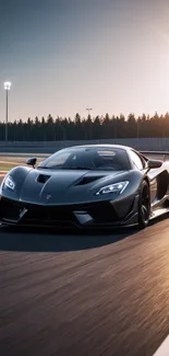 Sleek black sports car racing on track at sunset.