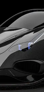 Sleek black supercar with blue accents on a glossy surface wallpaper.