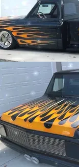 Sleek black truck with orange flames parked in a garage setting.