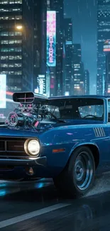 Blue muscle car racing through a neon-lit city at night.