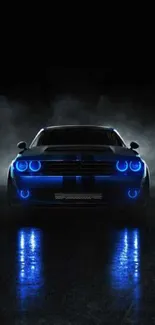 Front view of a blue neon car on a dark background smartphone wallpaper.