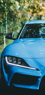 Blue modern car parked beside the road in lush scenery background.