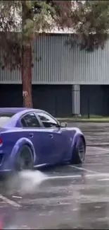 Blue sports car drifting on a wet road.