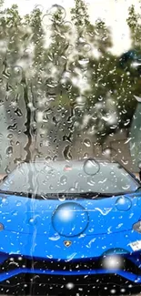 Blue sports car with raindrops creating a dynamic visual effect.