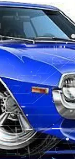 Illustrated sleek blue car with a bright design on white background.