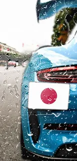 Sleek blue sports car on rainy street with vibrant urban background.