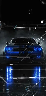 Sleek sports car with blue lights on dark background.