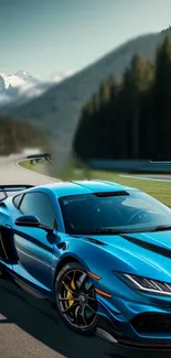 Sleek blue sports car on a scenic mountain road track.