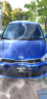 Vibrant blue Kia car parked outdoors with trees in the background.