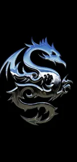 Intricate blue dragon design on black background, mobile wallpaper.