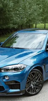 Sleek blue luxury car set against lush greenery.