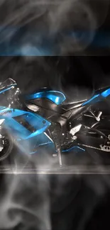 Sleek blue motorcycle with smoke effects on a dark background.