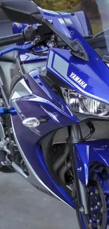 Sleek blue motorcycle parked, close-up view.