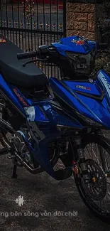 Dynamic blue motorcycle parked, showcasing sleek design.