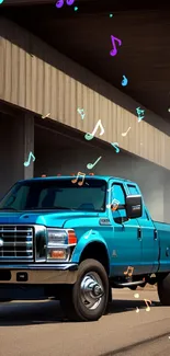 Sleek blue pickup truck parked under a bridge.