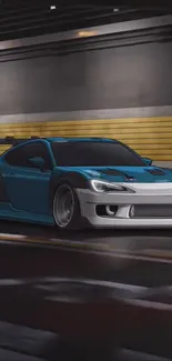 Blue sports car speeding through urban tunnel.