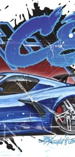 Blue sports car with urban graffiti background in art style.