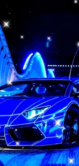 Sleek blue sports car with neon lights in a futuristic setting.