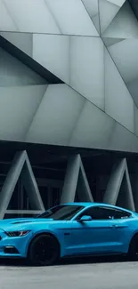 Blue sports car under modern architectural structure.